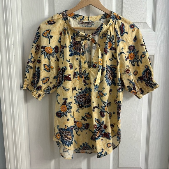 A.L.C. Blouse Puff Sleeve Apricot Ellis Patterned Boho Tie Cotton Size 6 Small - Picture 4 of 7